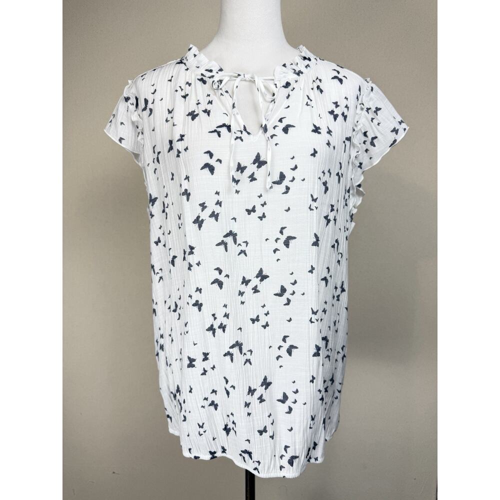 Tamara H Blouse‎ Top 1X White with Butterflies Lightweight Gauze